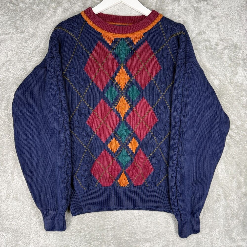 Vtg 90s Cable Knit Sweater Womens 1X Argyle Gant Hand Intarsia Pullover Crewneck